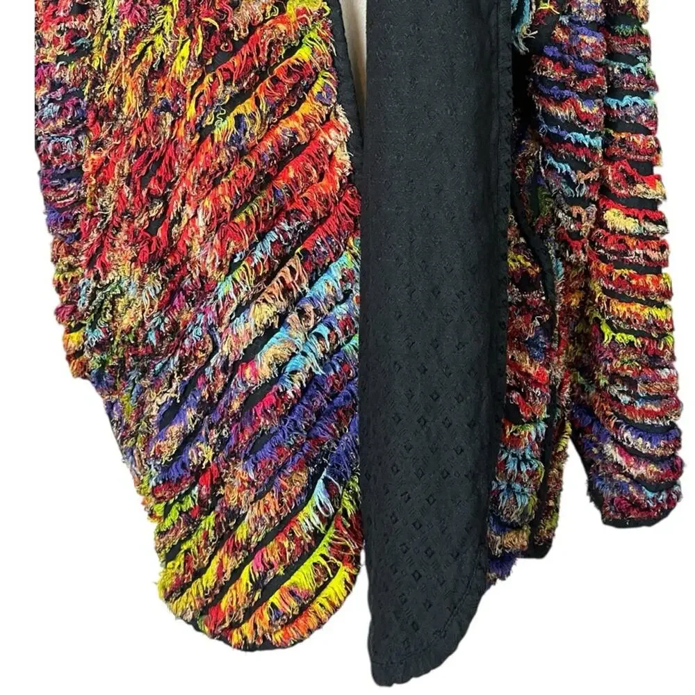 Yak Magik Sweater Cardigan Open Front Black Orange Multi Women’s Size Medium